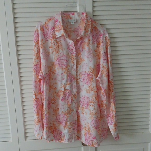 J. Jill Coral & Sea Turtle Linen Shirt - Picture 1 of 8